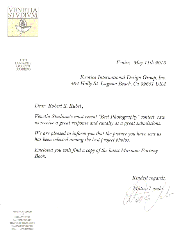 Letter from Fortuny congratulating Exoticsa Design for Best Project Photo